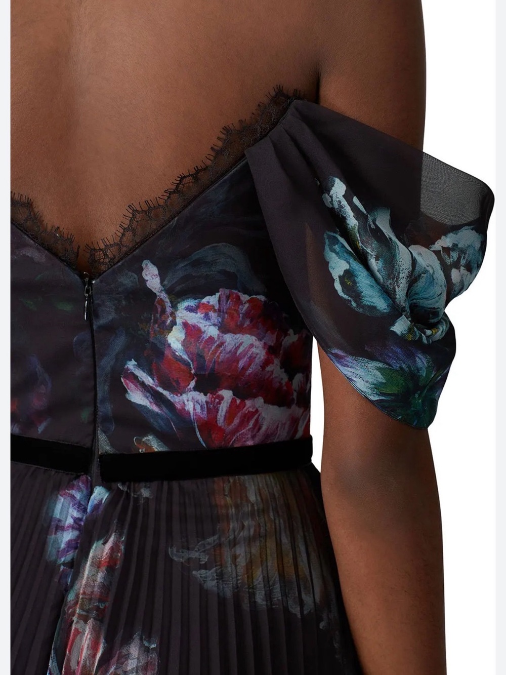 Marchesa Notte Strapless Floral Pleated Maxi Dress in Black Floral - Picture 3 of 6